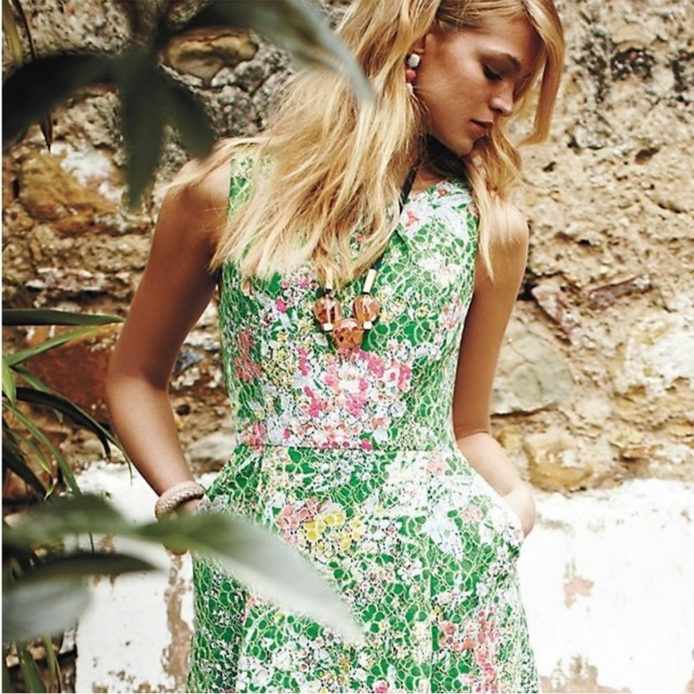 Maeve Anthropologie Verbena Fit & Flare Green Lace Sequins Dress Size 0